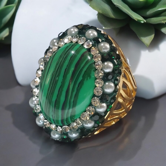 New Chunky Malachite Emerald Crystal Pearl Statement Ring - Picture 1 of 4